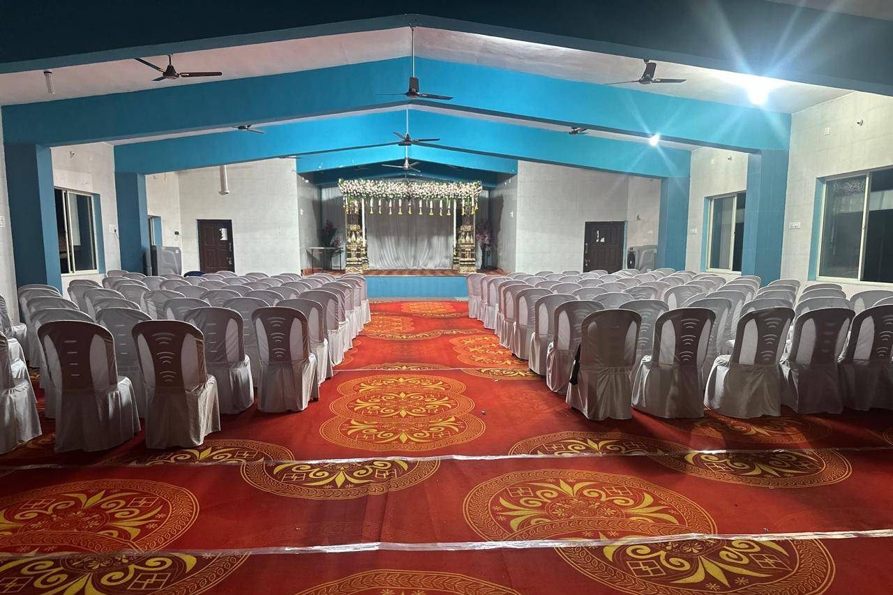 Banquet hall set for traditional wedding