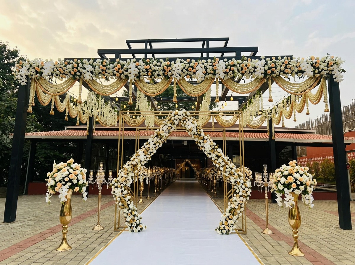 White Floral Archway & Aisle Walkway at ARC Pyramid