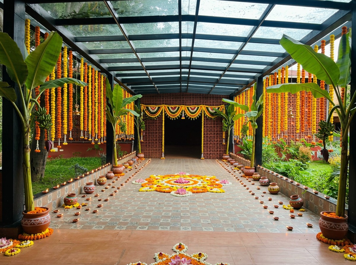 Marigold String Curtains Haldi Canopy Walkway at ARC Pyramid