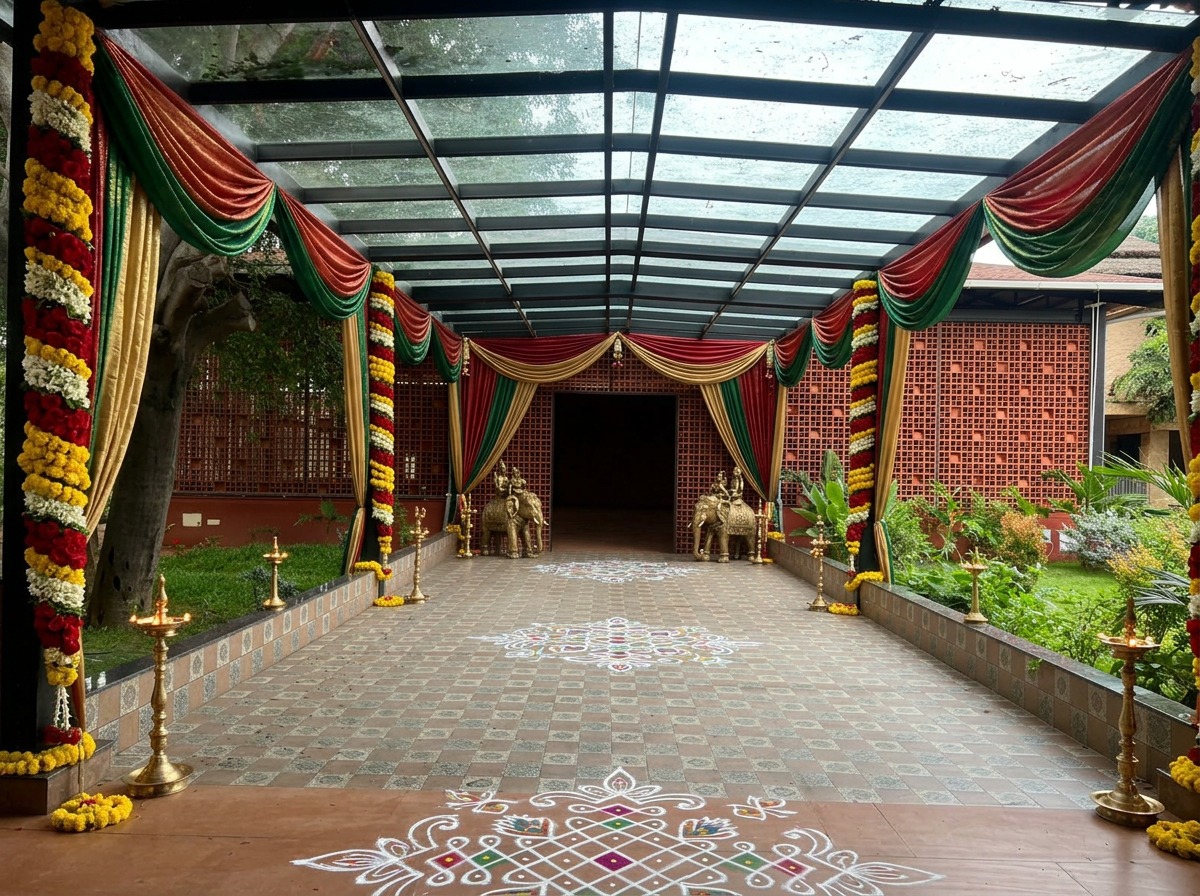 Traditional Silk Draped Glass Walkway with Rangoli at ARC Pyramid