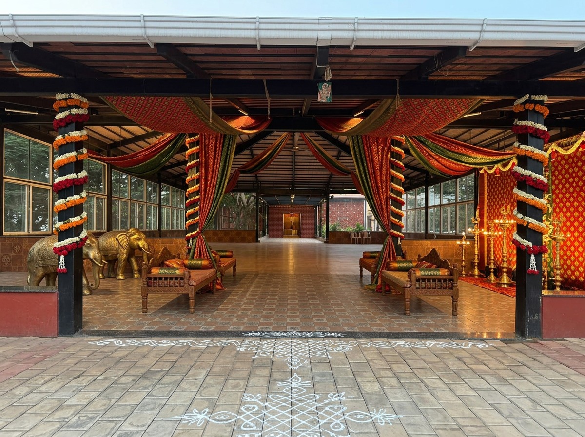 Traditional Draped Entrance Archway with Kolam at ARC Pyramid