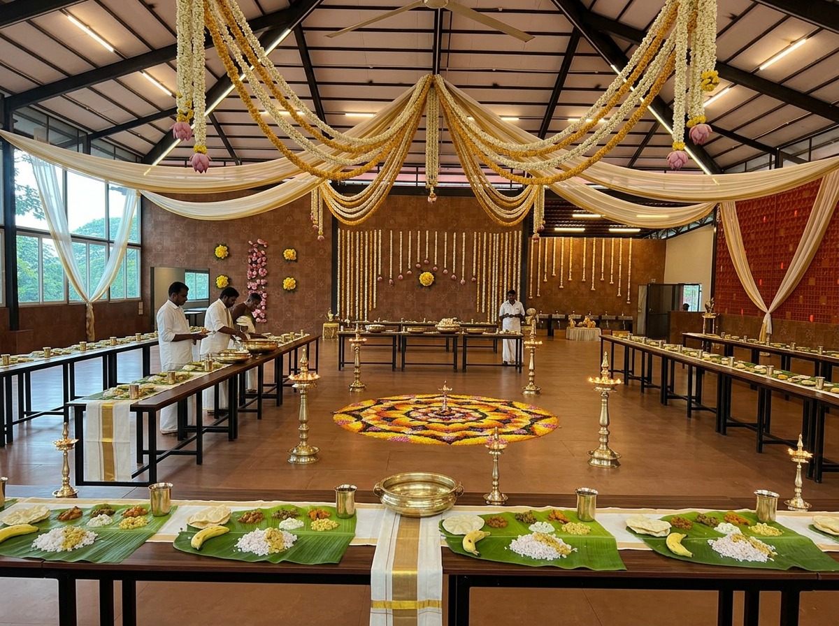 Traditional Sadhya Dining Layout with Ceiling Drapes at ARC Pyramid